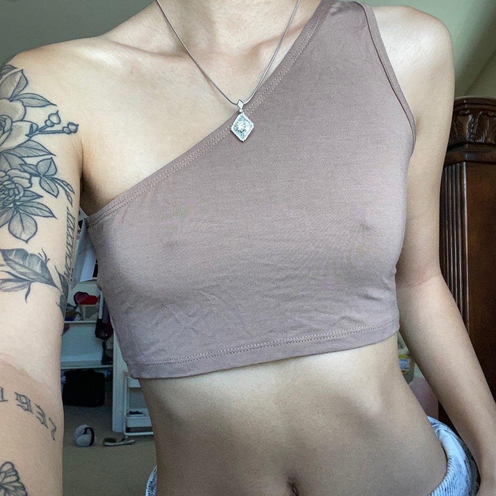 Brown nude off one shoulder crop top